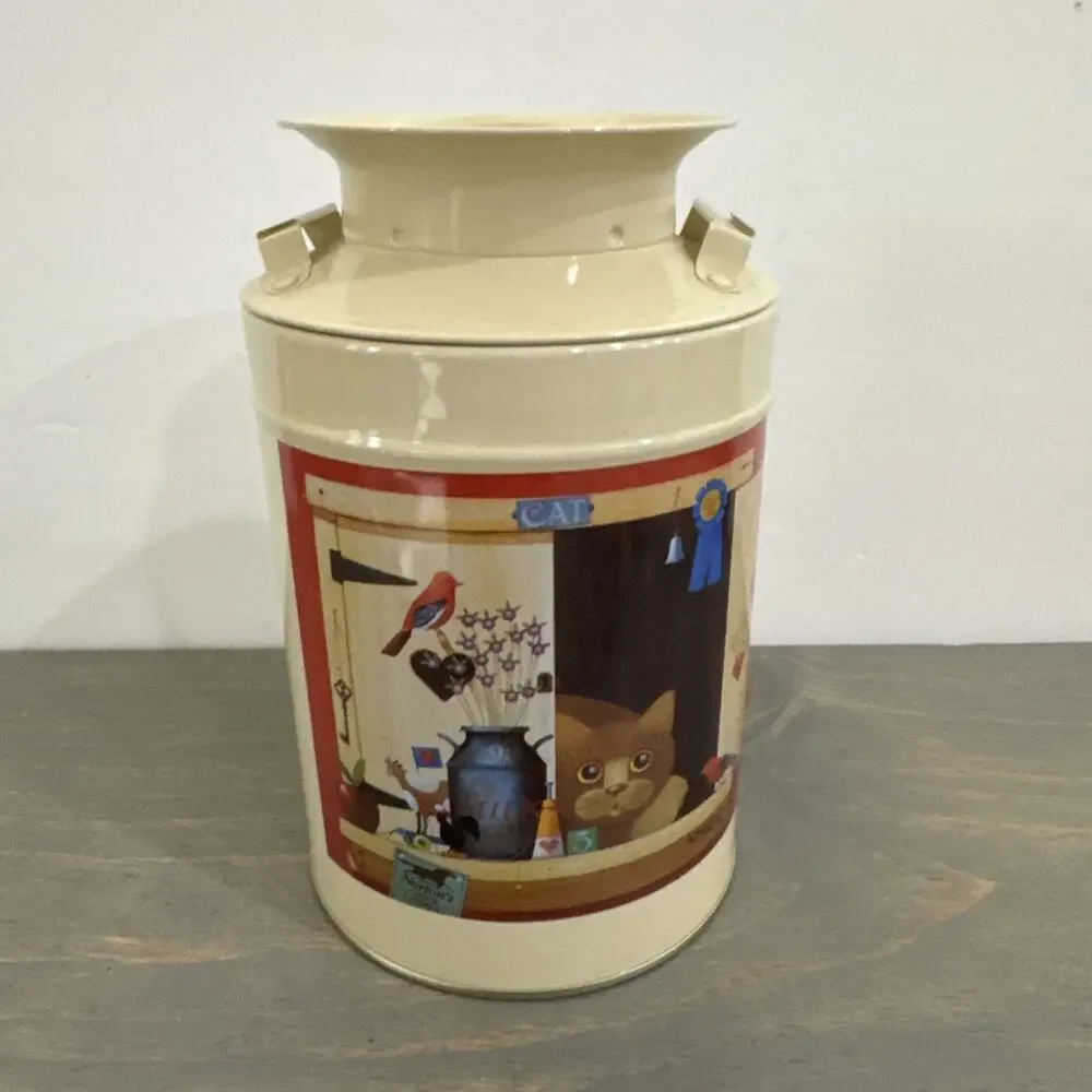 Barnum in the Barn Metal Tin 1989 Roger Nannini Cat Illustration Milk Can